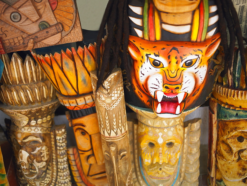 Close-up of wooden masks at a market stall, San Andres, Providencia y Santa Catalina, San Andres y Providencia Department, Colombia