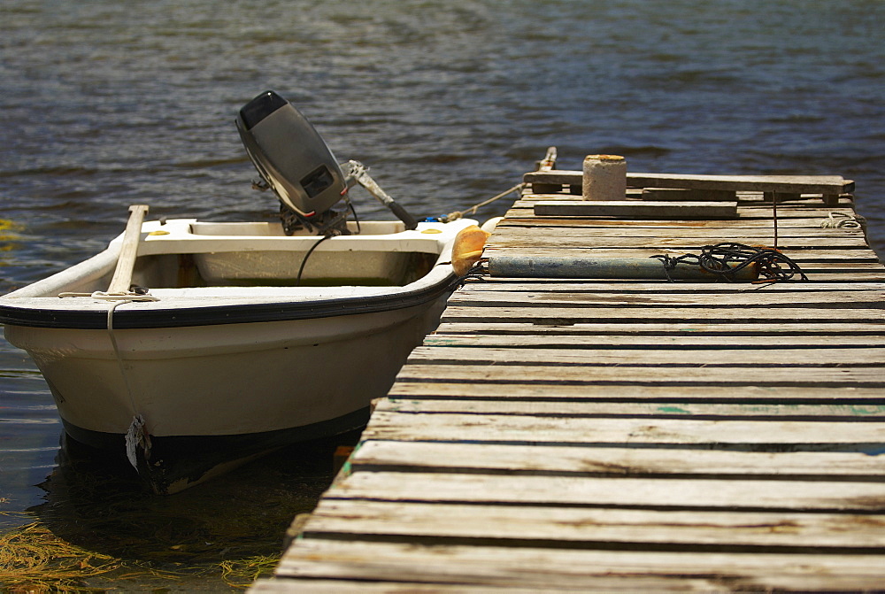 Motorboat moored at a pier, Providencia y Santa Catalina, San Andres y Providencia Department, Colombia