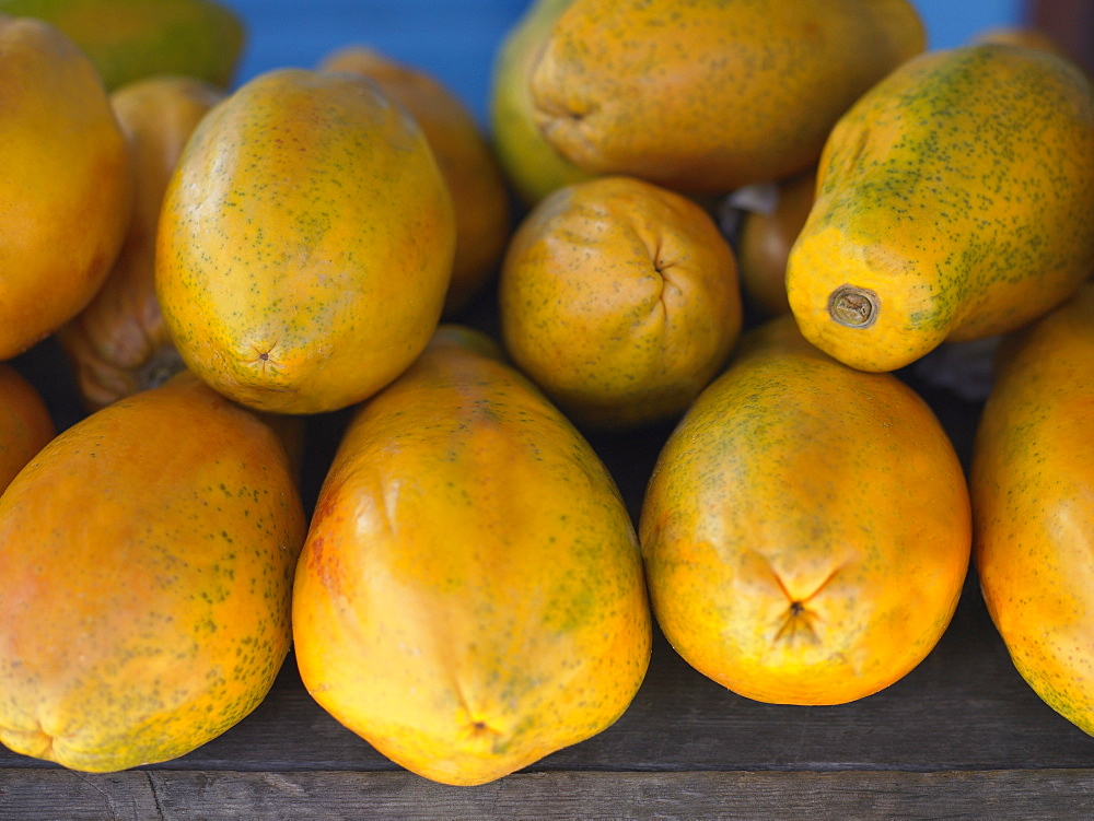 Close-up of a heap of papayas in a market stall, Providencia, Providencia y Santa Catalina, San Andres y Providencia Department, Colombia