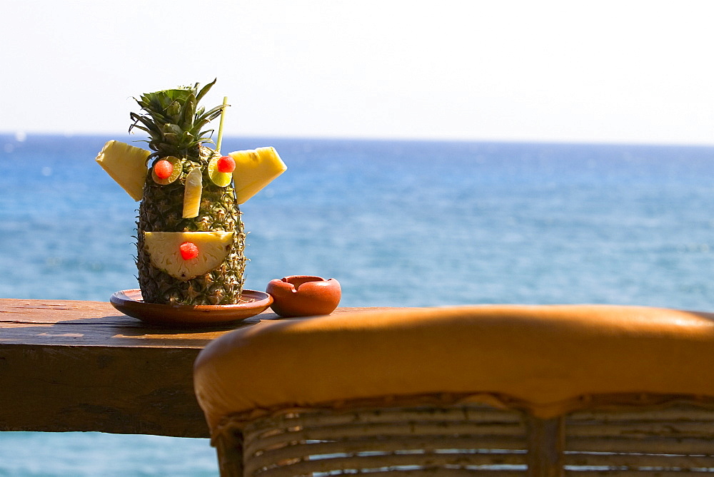 Decorated pineapple on a plate, Cancun, Mexico