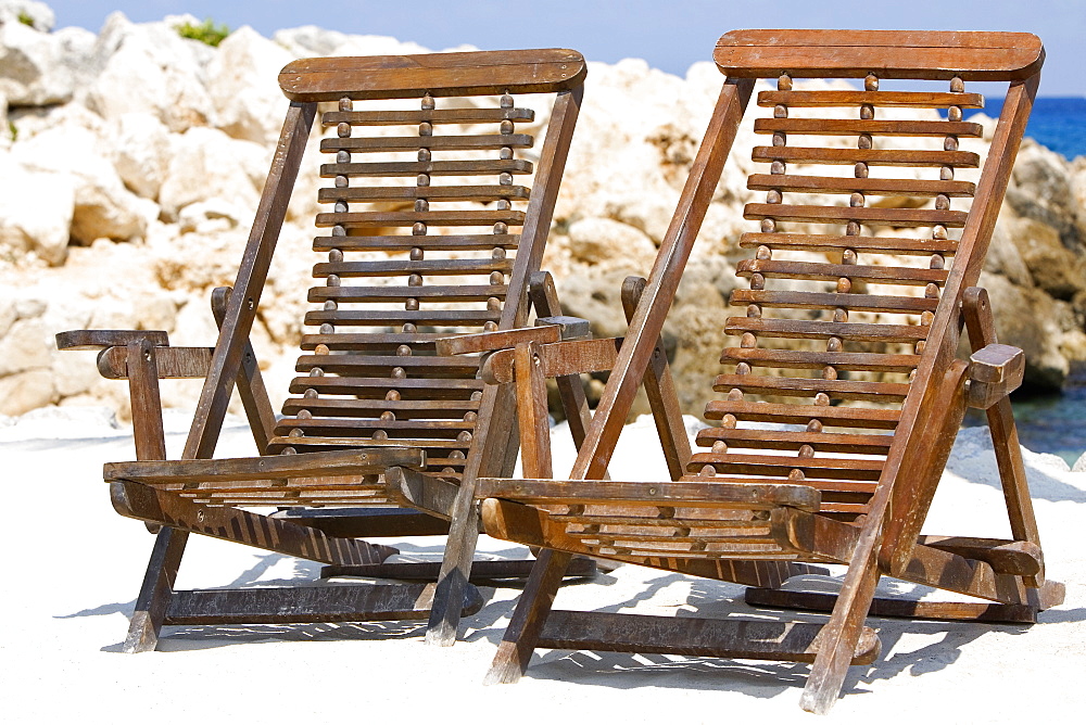 Two deck chairs on the beach, Cancun, Mexico