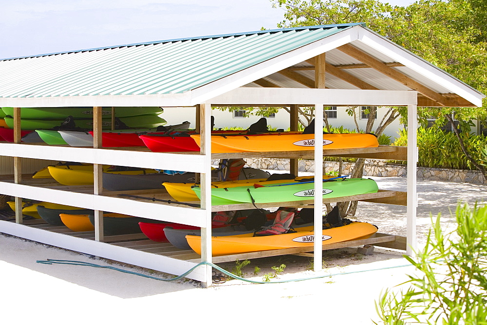 Group of canoes in a stand, Dixon Cove, Roatan, Bay Islands, Honduras