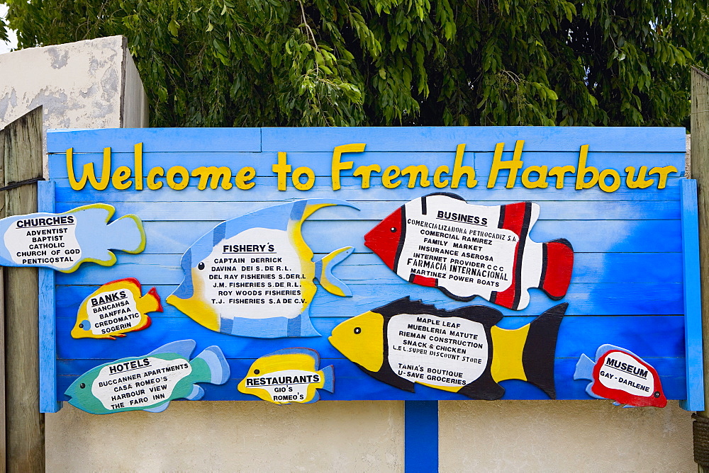 Close-up of an information board, French Harbour, Rotan, Bay Islands, Honduras