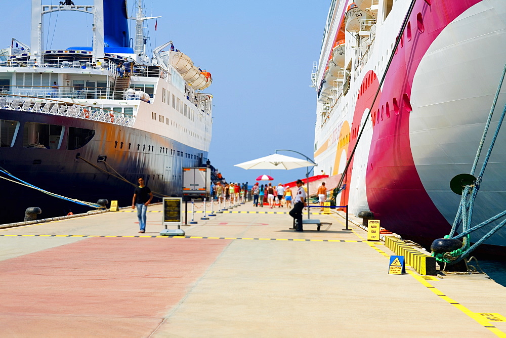 Two cruise ships moored at a harbor, Ephesus, Turkey