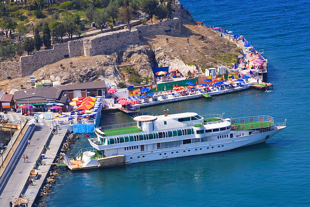 High angle view of a cruise ship moored at a harbor on an island, Ephesus, Turkey