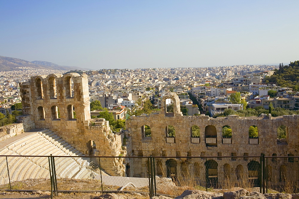 High angle view of the old ruins of an amphitheater, Theater Of Herodes Atticus, Acropolis, Athens, Greece