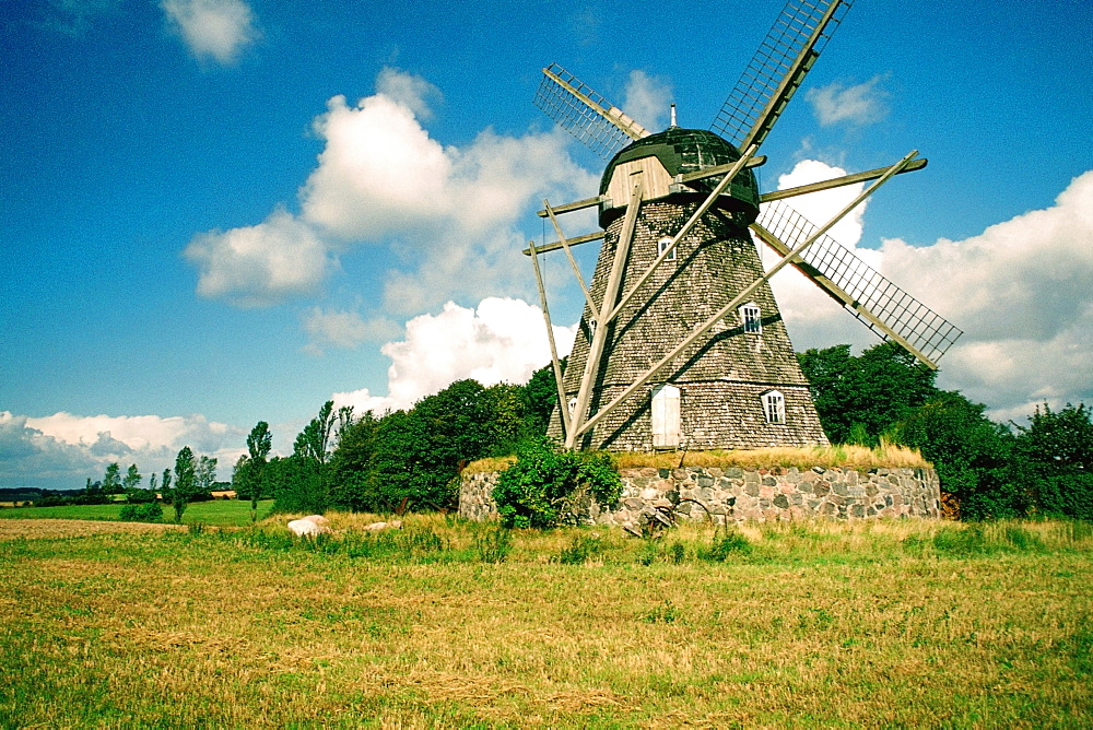 Low angle view of a windmill, Funen County, Denmark