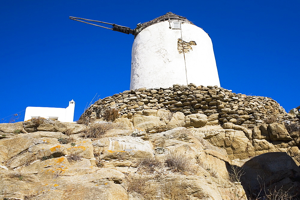 Low angle view of a traditional windmill, Mykonos, Cyclades Islands, Greece