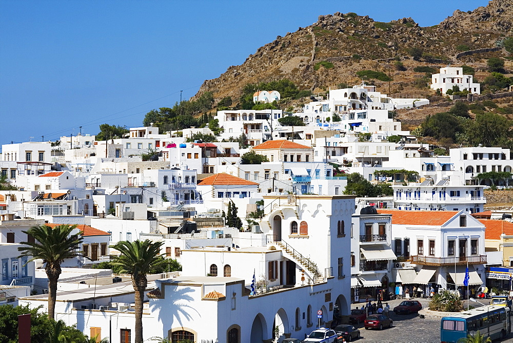 Buildings on the base of a mountain, Patmos, Dodecanese Islands, Greece