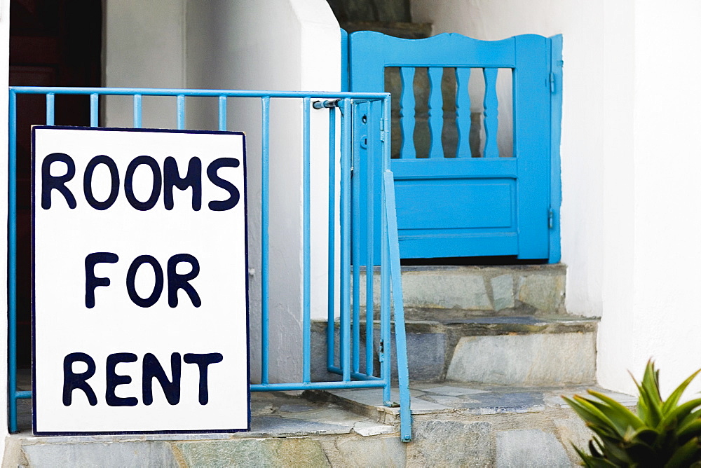 Information board on a railing, Mykonos, Cyclades Islands, Greece