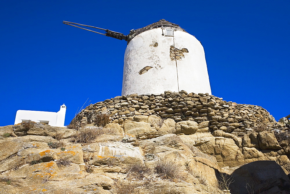 Low angle view of a traditional windmill, Mykonos, Cyclades Islands, Greece