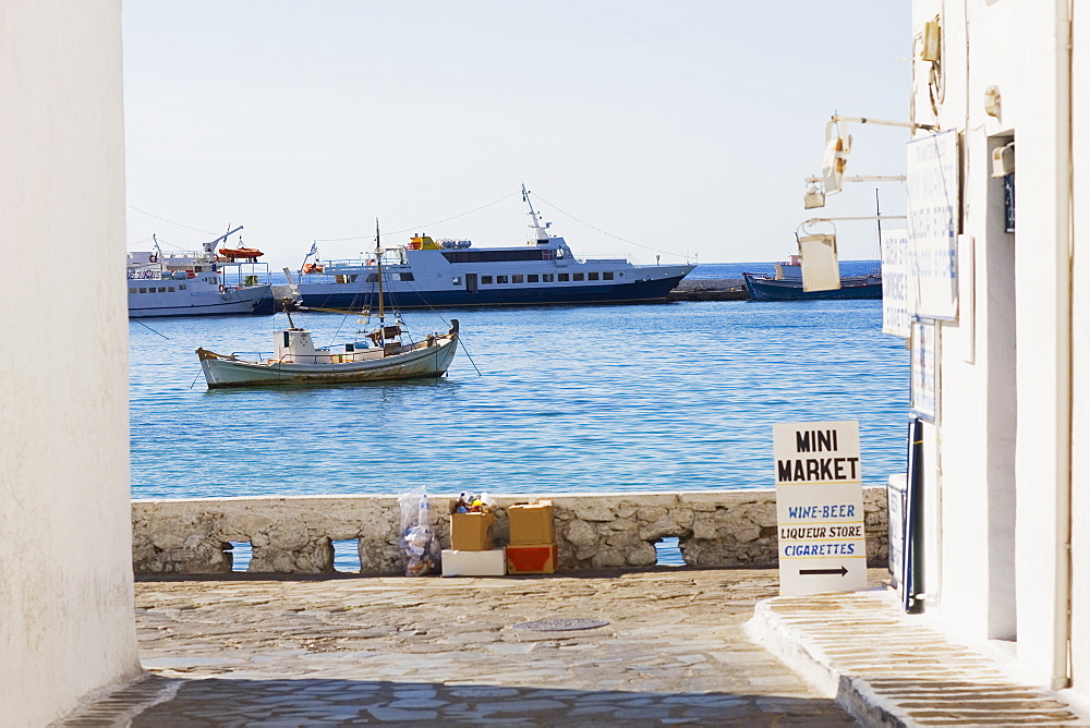 Cruise ships at a harbor, Mykonos, Cyclades Islands, Greece