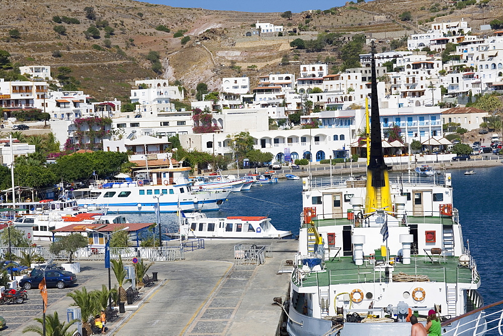 High angle view of ships at a harbor, Skala, Patmos, Dodecanese Islands, Greece