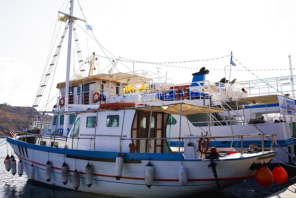 Yachts moored at a harbor, Skala, Patmos, Dodecanese Islands, Greece