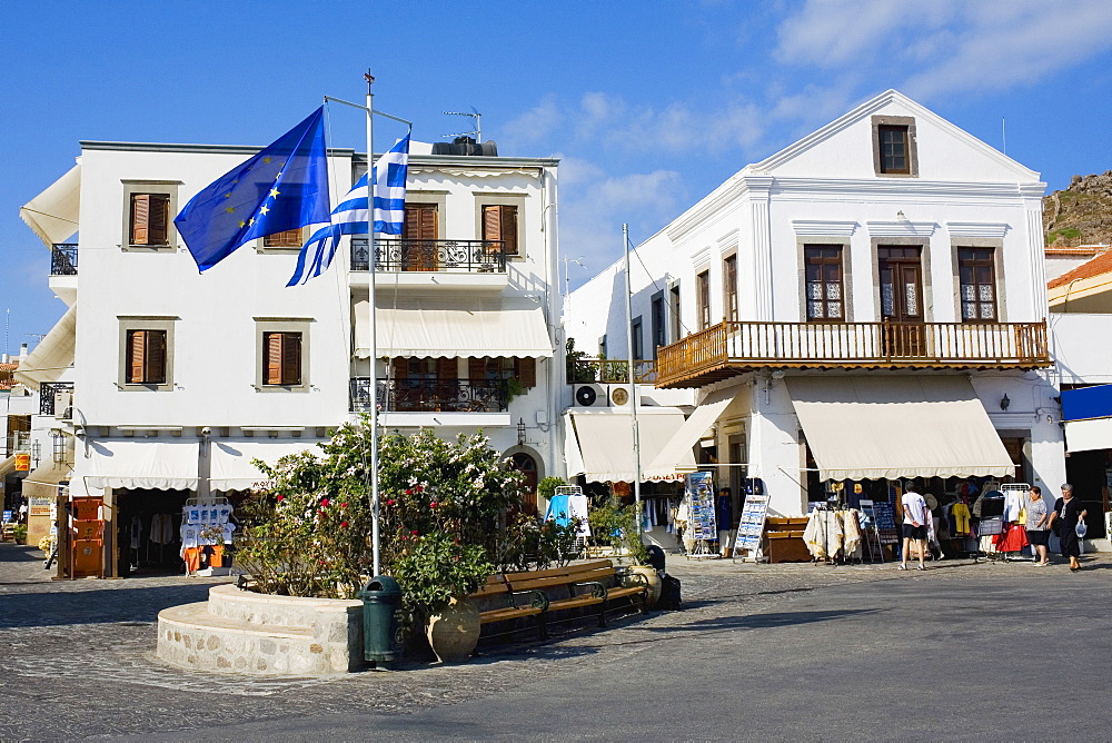 Flag in the center of a city, Patmos, Dodecanese Islands, Greece