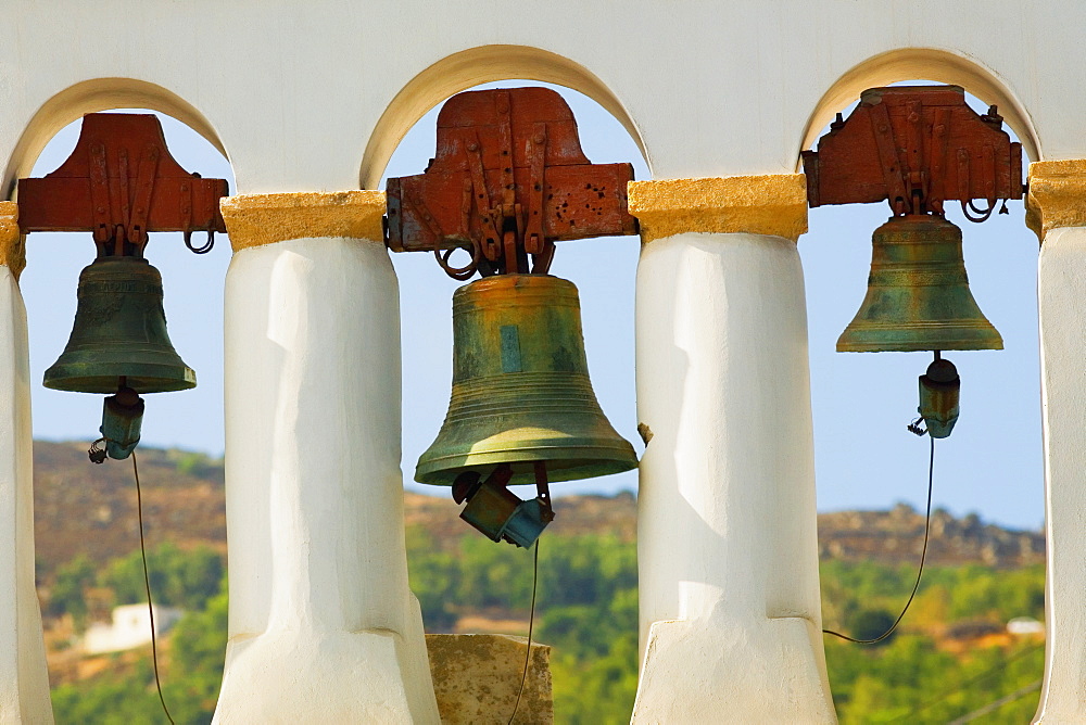 Bells hanging in a church, Monastery of St. John the Divine, Patmos, Dodecanese Islands, Greece