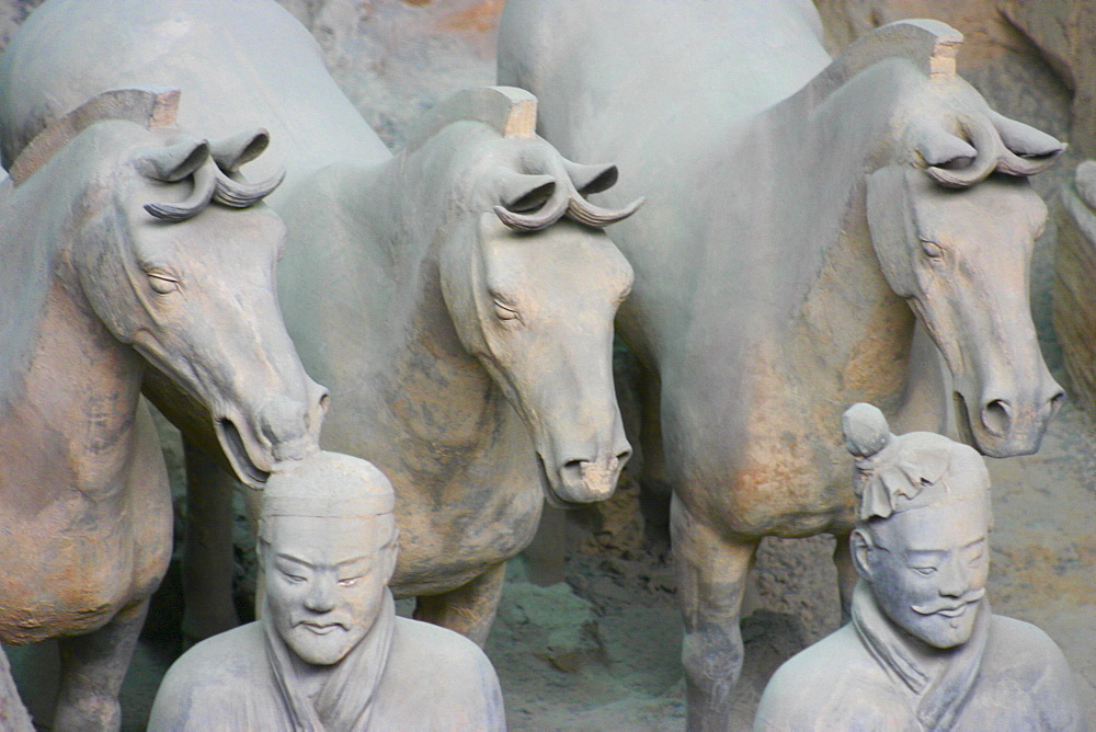 High angle view of statues of terracotta soldiers, Xi'an, Shaanxi Province, China