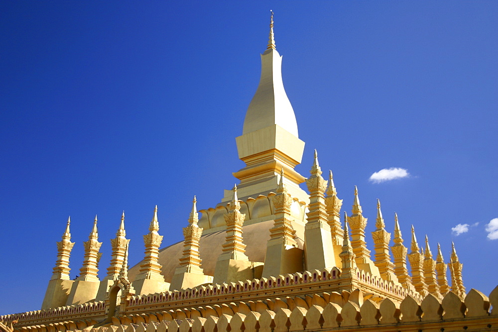 Low angle view of a temple, Buddhist temple, That Luang, Vientiane, Laos