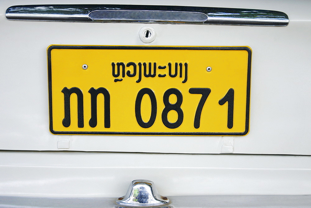 Close-up of a number plate on a car, Vientiane, Laos