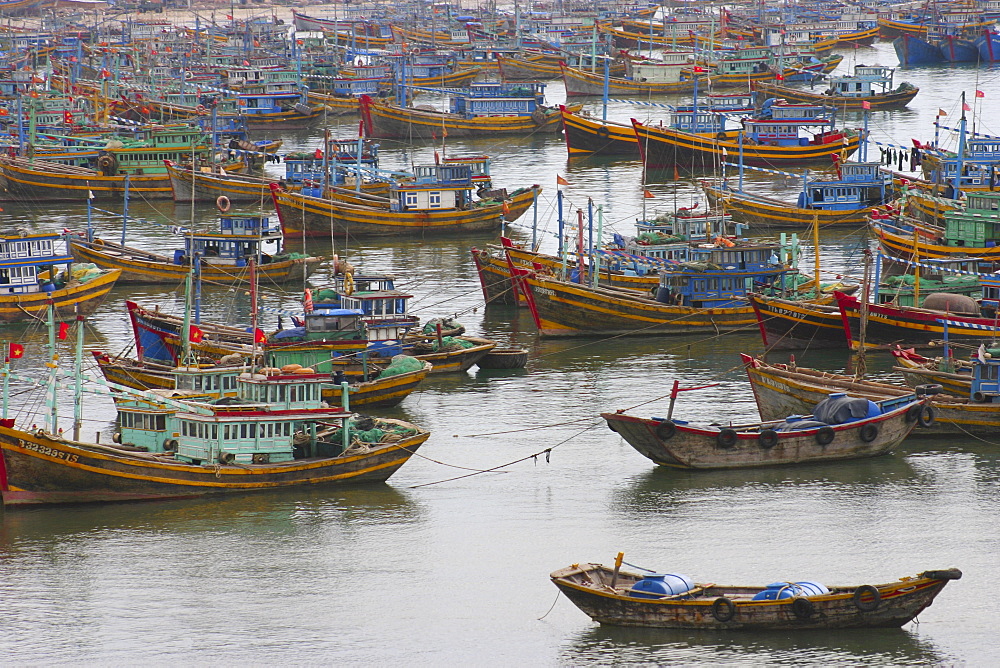 High angle view of boats moored at a harbor, Hoi An, Vietnam