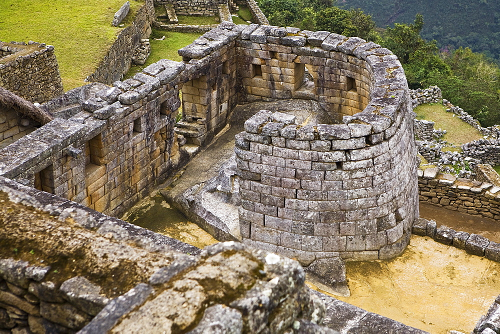 High angle view of the ruins of a temple, Temple of The Sun, Machu Picchu, Urubamba Valley, Cuzco, Peru