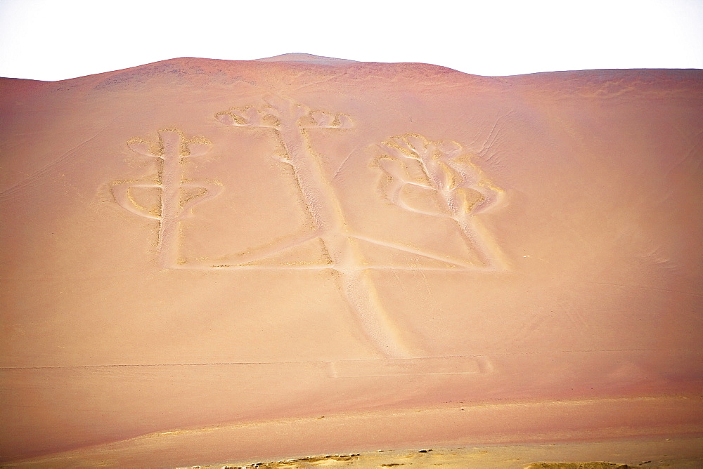 High angle view of Nazca lines making a shape of candlestick holder, Paracas Peninsula, Paracas National Reserve, Paracas, Ica Region, Peru