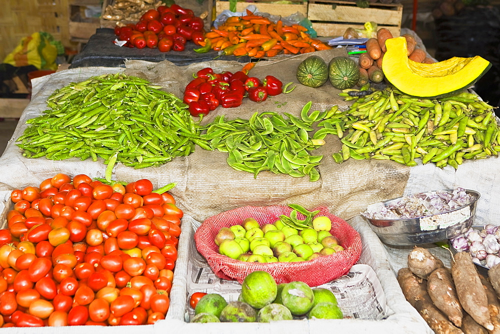 High angle view of assorted vegetables at a market stall, Ica, Ica Region, Peru