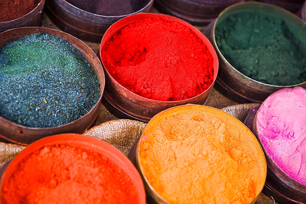 Close-up of various powder paints at a market stall, Pisaq, Cuzco, Peru