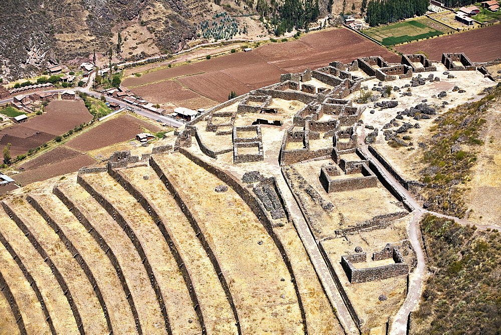 High angle view of ruins of buildings, Q'allaqasa, Pisaq, Peru