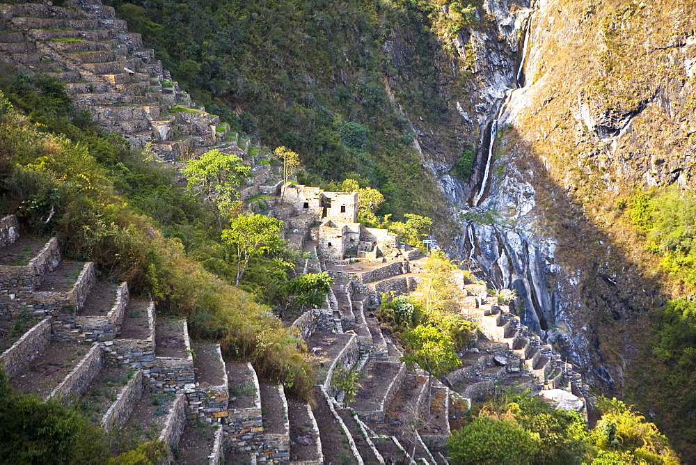 High angle view of the old ruins, Choquequirao, Inca, Cusco Region, Peru