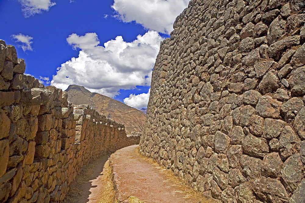 Old ruins of a stone wall, Pisaq, Cuzco, Peru