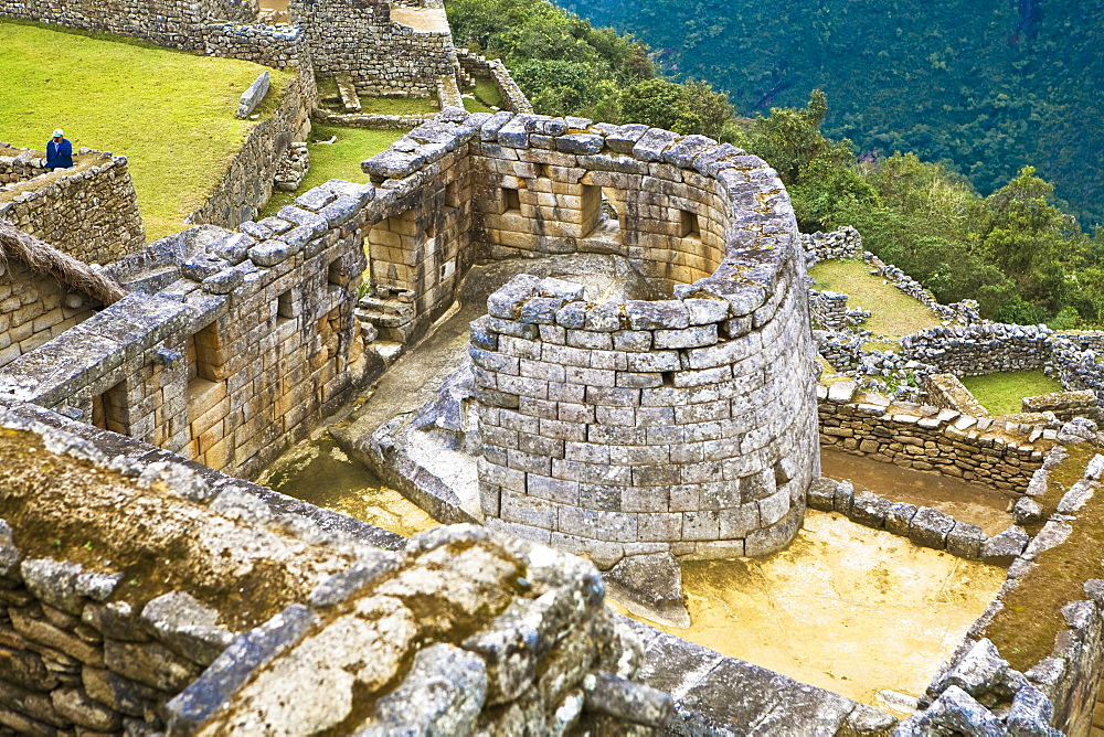 High angle view of the ruins of a temple, Temple of The Sun, Machu Picchu, Urubamba Valley, Cuzco, Peru