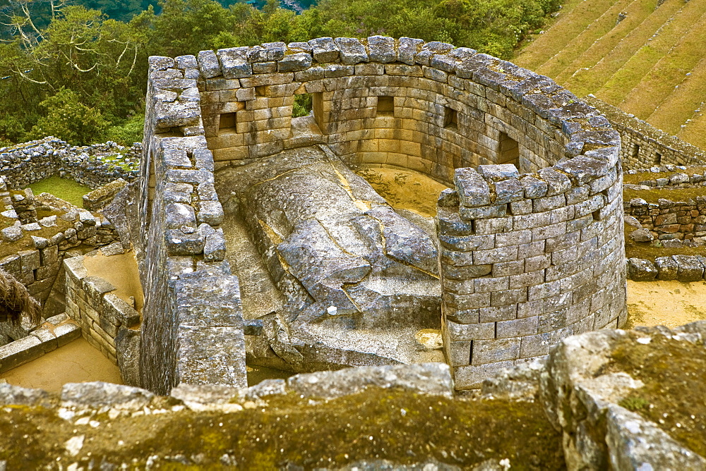 High angle view of the ruins of a temple, Temple of The Sun, Machu Picchu, Urubamba Valley, Cuzco, Peru