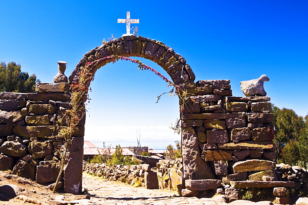 Arch entrance of an island, Lake Titicaca, Taquile Island, Puno, Peru