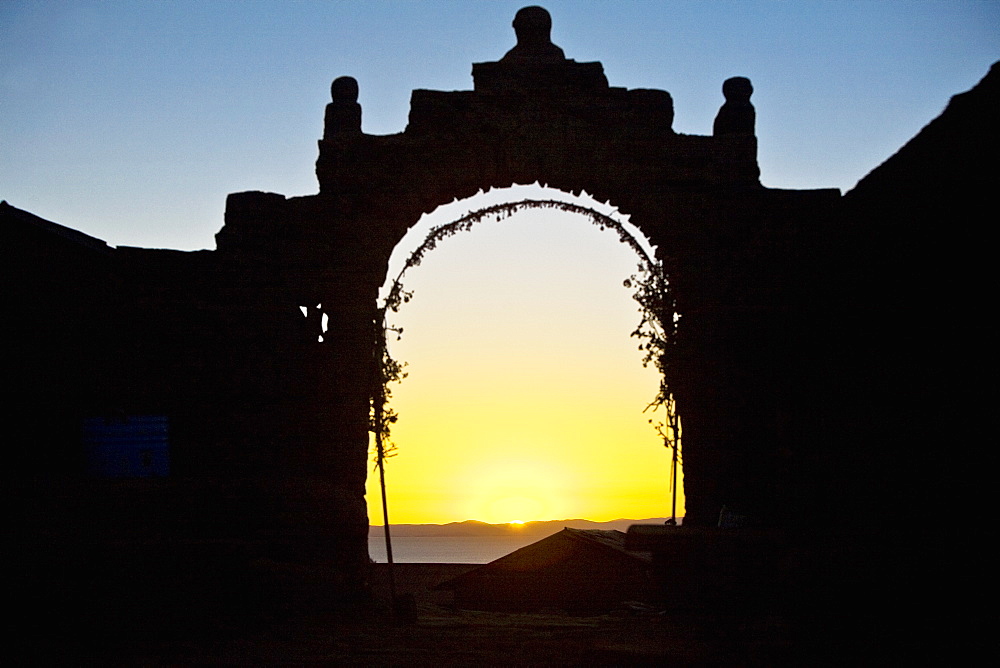 Silhouette of an entrance gate, Lake Titicaca, Taquile Island, Puno, Peru