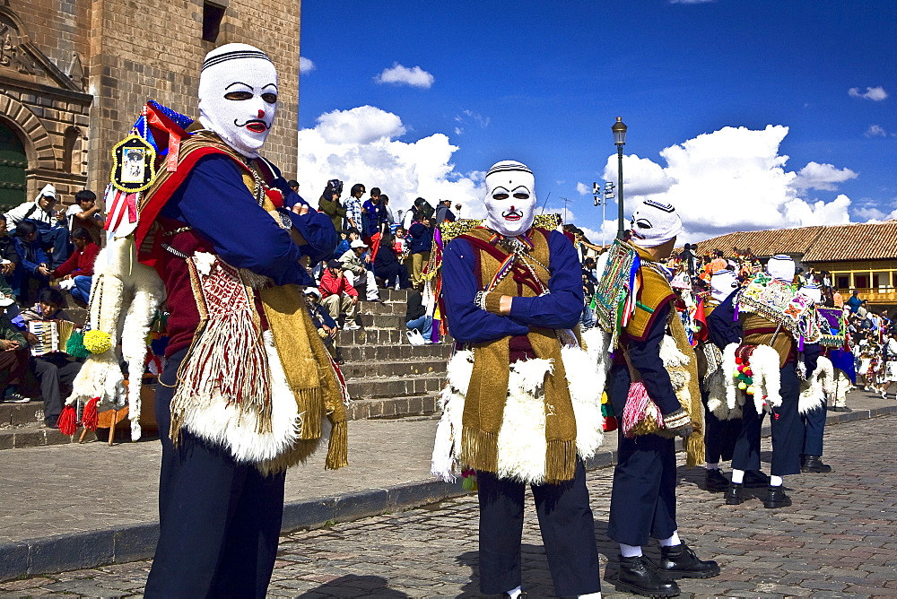 Group of people wearing traditional costume in a festival, Peru