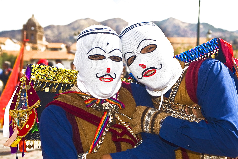 Portrait of two people wearing traditional costumes, Cuzco, Peru