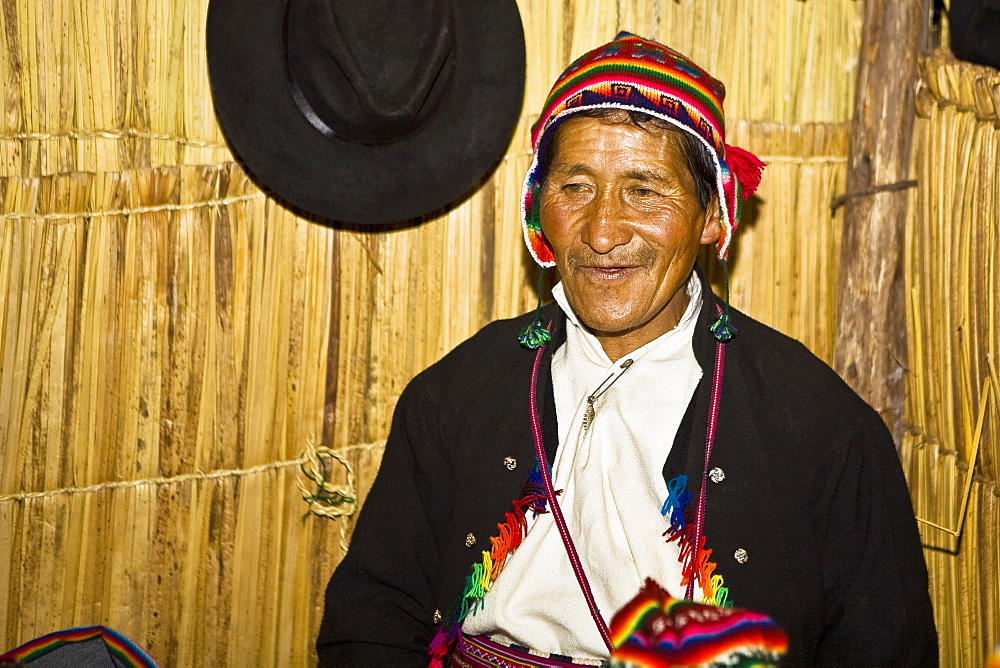 Close-up of a senior man smiling, Taquile Island, Lake Titicaca, Puno, Peru