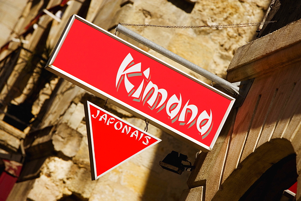 Low angle view of signboards in a street, Vieux Bordeaux, Bordeaux, France