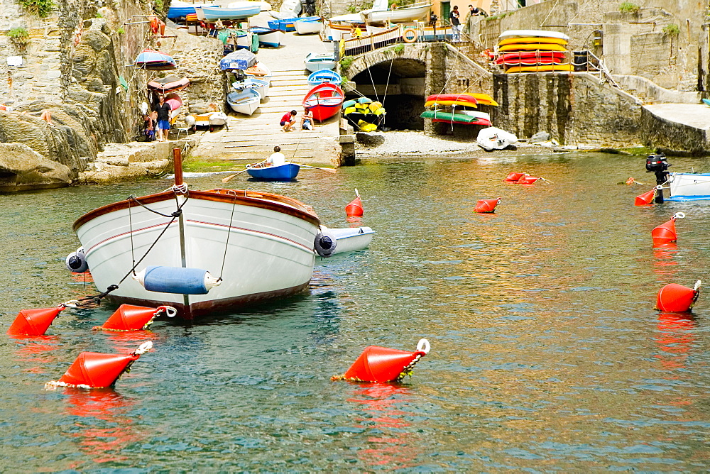 Boat moored at a harbor, Italian Riviera, Genoa, Liguria, Italy