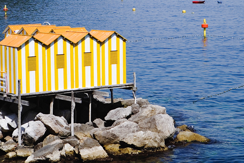 High angle view of stilt houses, Marina Grande, Capri, Sorrento, Sorrentine Peninsula, Naples Province, Campania, Italy