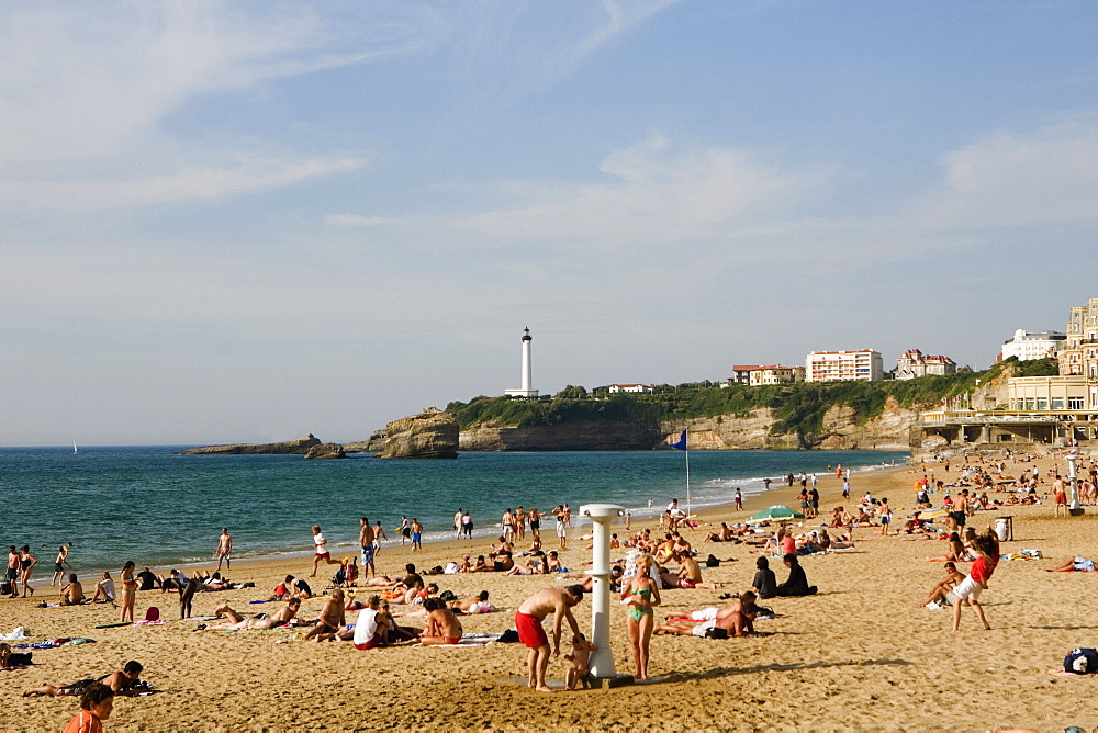 Tourists on the beach, Grande Plage, Phare de Biarritz, Biarritz, France