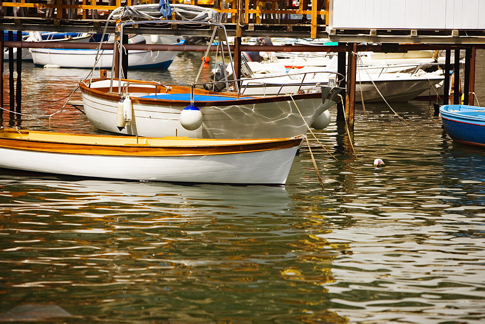 Boats moored at a harbor, Marina Grande, Capri, Sorrento, Sorrentine Peninsula, Naples Province, Campania, Italy