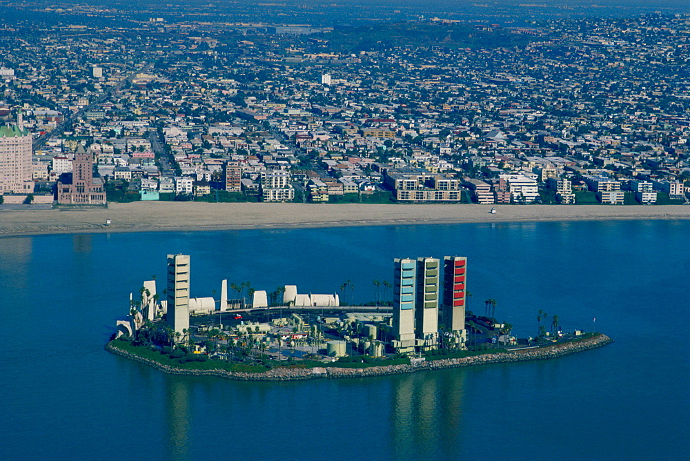 Offshore oil rigs disguised as highrises, Long Beach, California