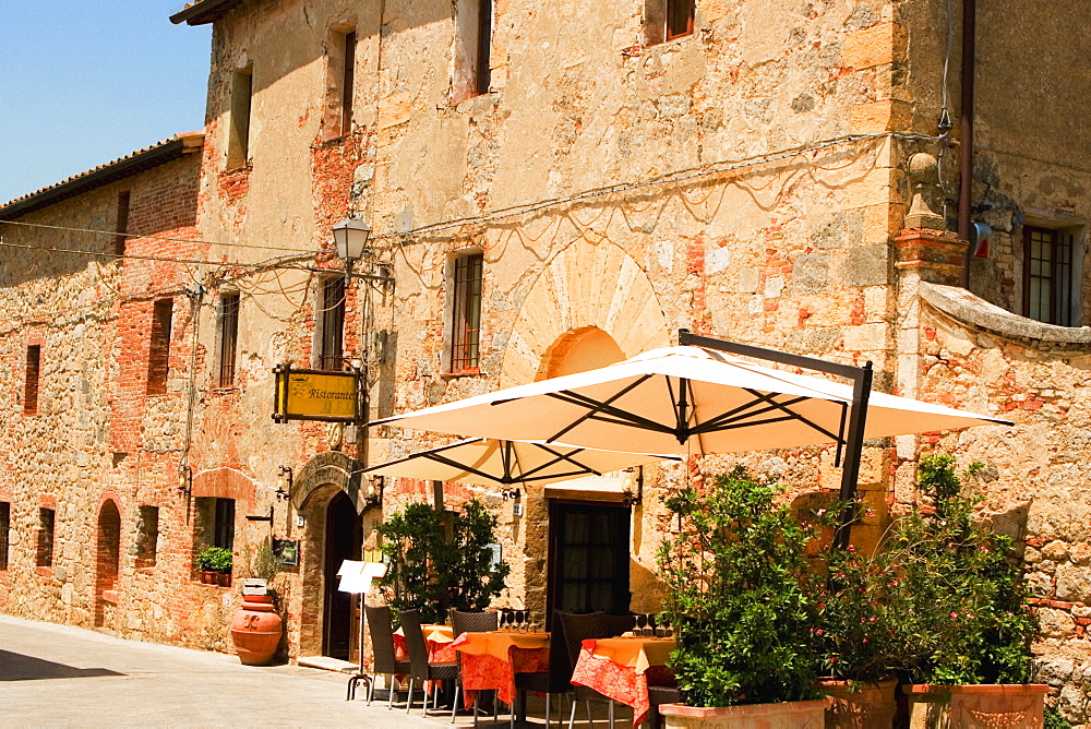 Potted plants and patio umbrellas in front of a building, Piazza Roma, Monteriggioni, Siena Province, Tuscany, Italy