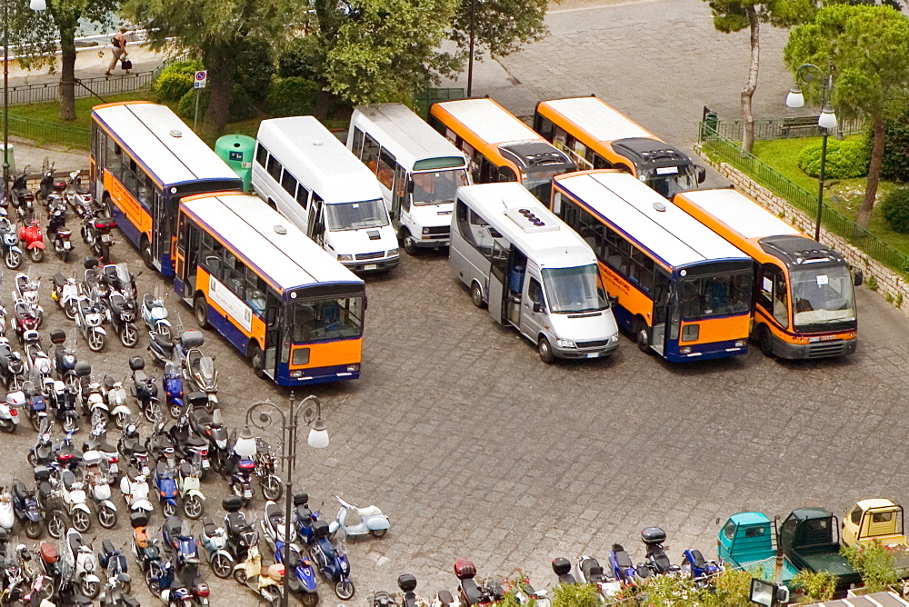 High angle view of a parking lot, Piazza Marinai dâ€™Italia, Sorrento, Sorrentine Peninsula, Naples Province, Campania, Italy