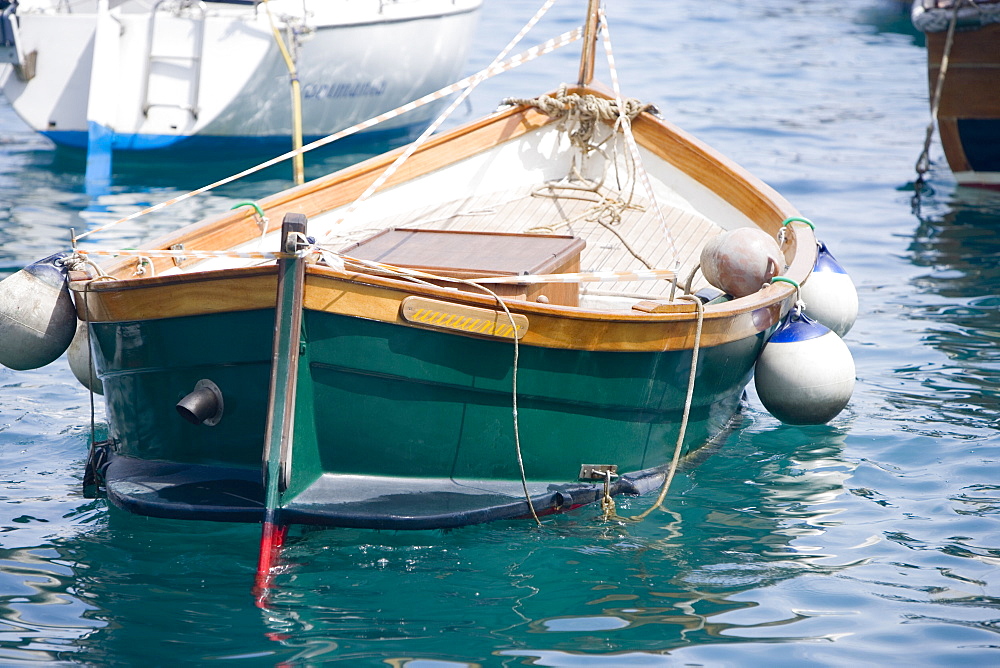 Boat moored at a harbor, Italian Riviera, Santa Margherita Ligure, Genoa, Liguria, Italy