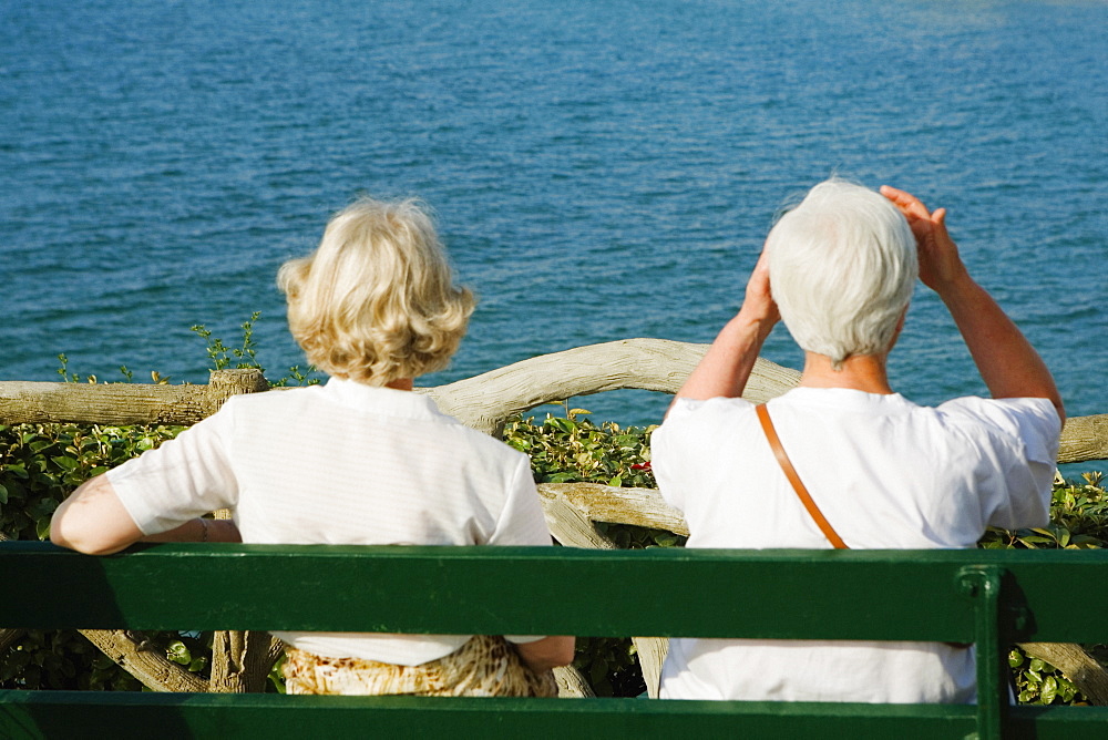 Rear view of a couple sitting on a bench, Baie De Biarritz, Biarritz, Pyrenees-Atlantiques, France