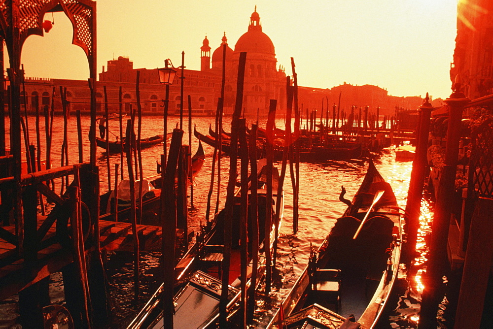 High angle view of gondolas moored in a harbor, Venice, Italy