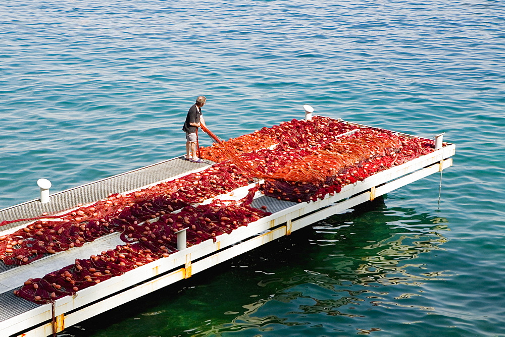 High angle view of a fisherman man holding commercial fishing net, Marina Grande, Capri, Sorrento, Sorrentine Peninsula, Naples Province, Campania, Italy